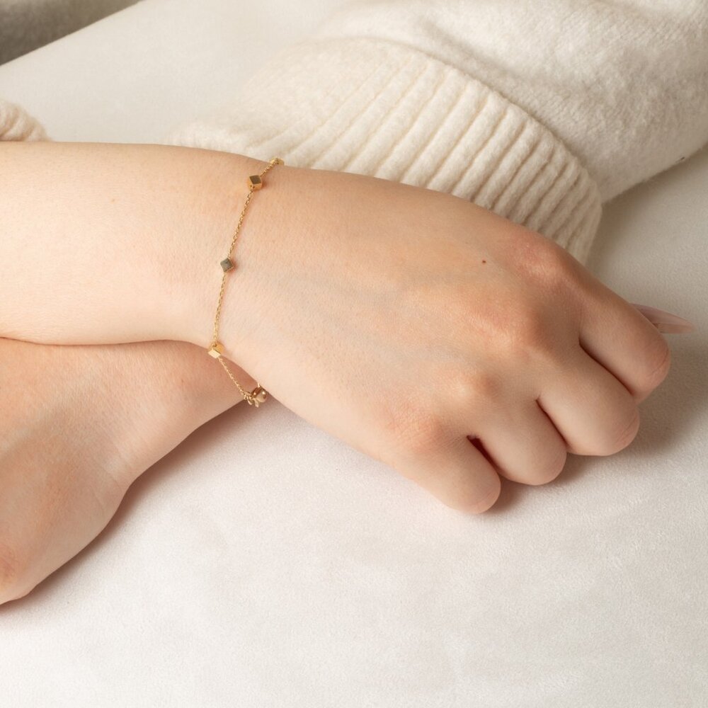 14K Solid Gold Square Link Bracelet - symbol of strength and stability 7" adjust